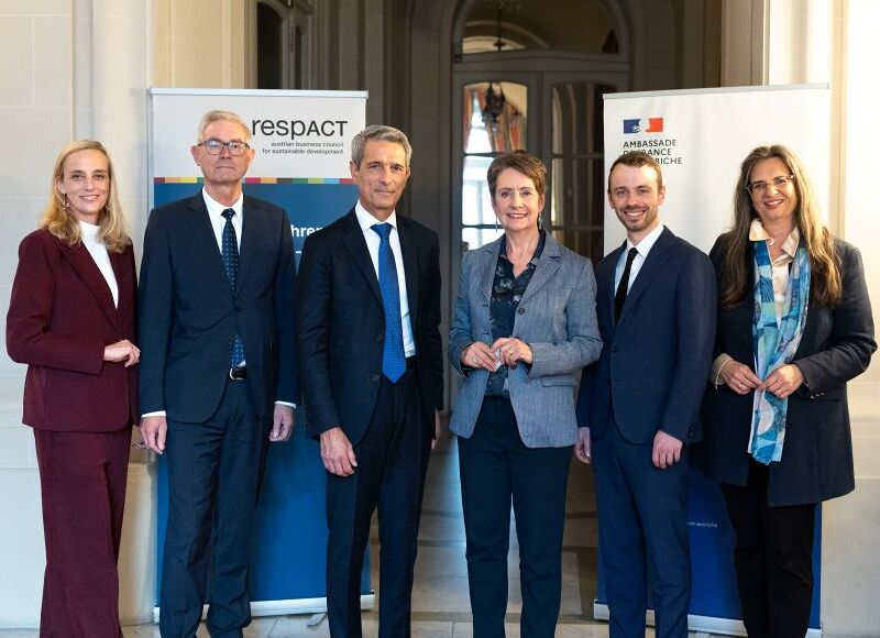 Eine Gruppe von sechs Personen in formeller Kleidung steht in einem eleganten Innenraum. Hinter ihnen sind zwei Banner sichtbar. Alle lächeln in die Kamera.