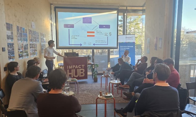 „Präsentation beim 5. Initiativkreis Tirol im Impact Hub Tirol: Ein Referent steht vor einer Leinwand und erläutert EU-Regulatorik. Die Teilnehmenden sitzen im modernen, lichtdurchfluteten Raum und verfolgen aufmerksam die Präsentation.“